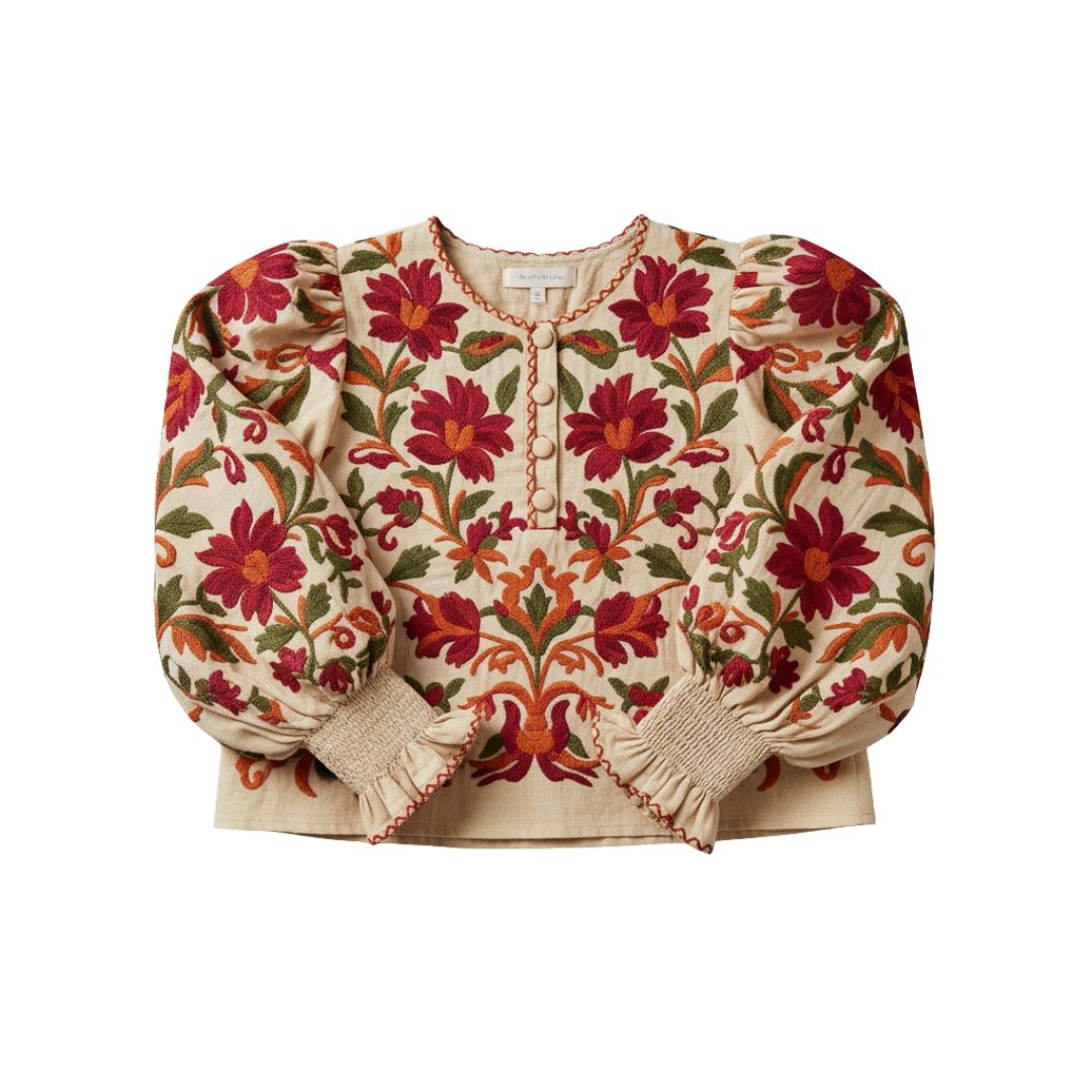 Blusa Seville Fiesta Flounce Blouse Algodón y Lino Bordados con Inspiración Flamenca y Espíritu Andaluz