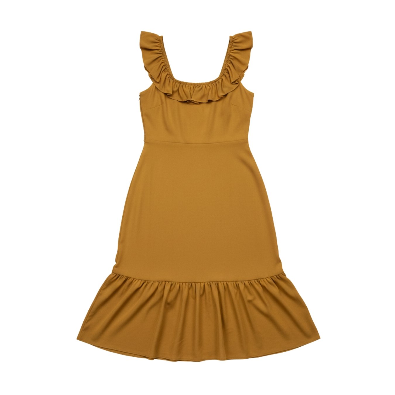 Vestido Golden Ochre Ruffle Charm Midi Inspiración Flamenca en Viscosa Ligera con Volantes Dorados (1)